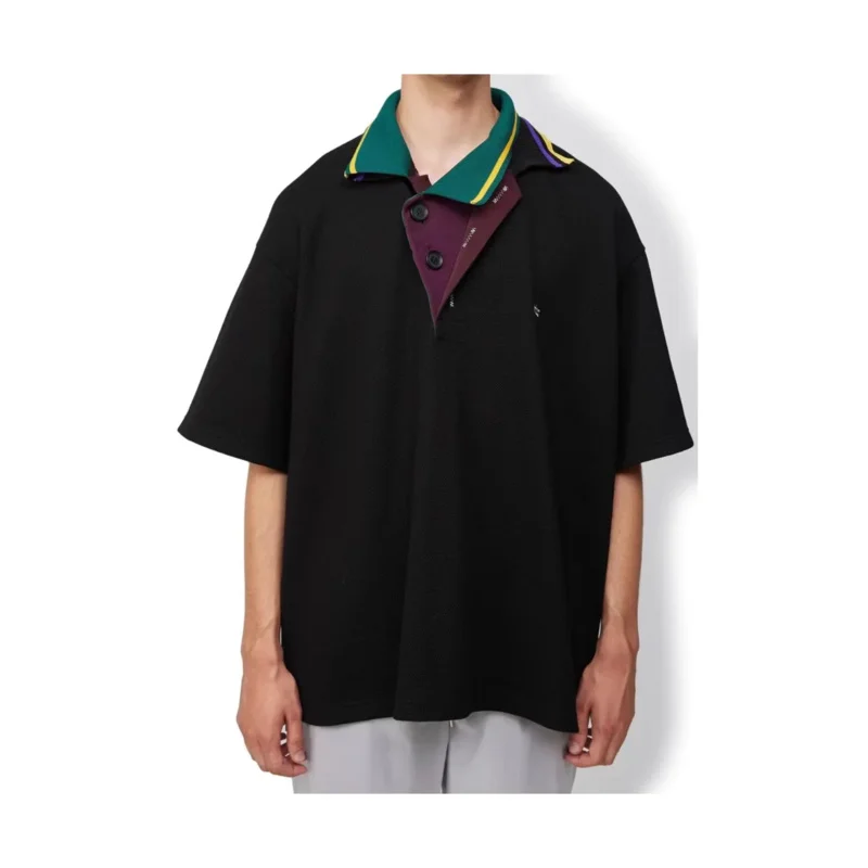 23SS KOLOR Abe Junichi Japanese style asymmetrical splicing color block lapel embroidery loose POLO short sleeves