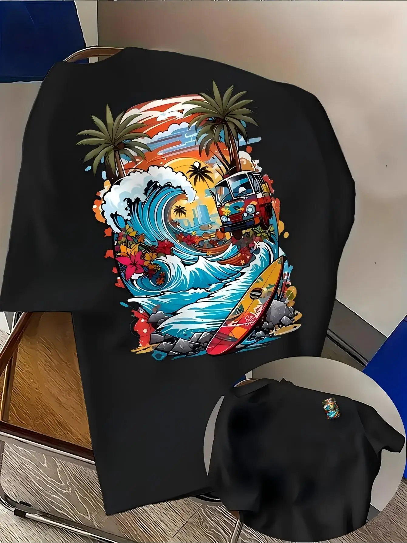 Harajuku Surfing Graphic Print T Shirt Unisex Double Sided Back Print Tee Summer Fashion Streetwear Loose Fit O-Neck Pullover