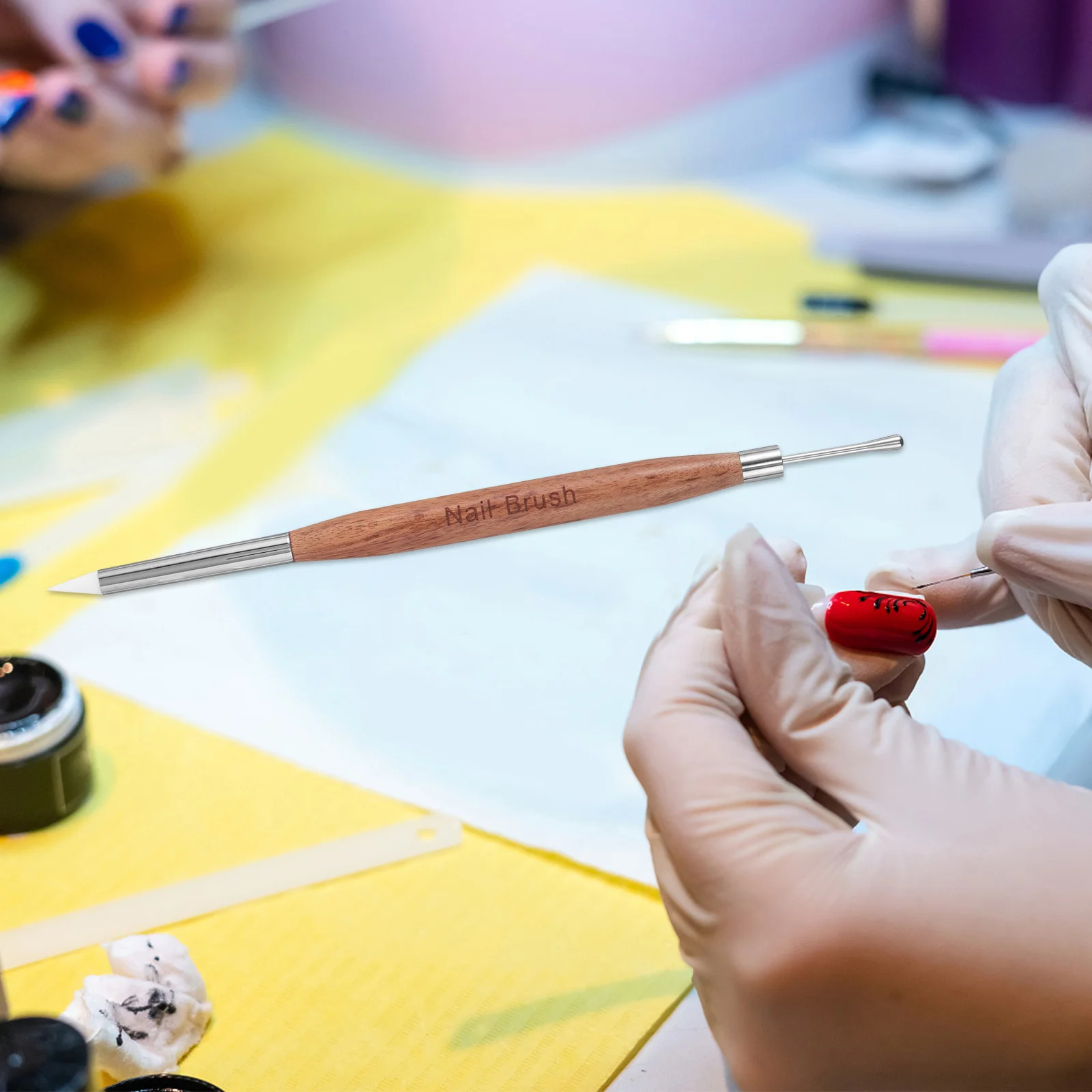 قلم فن الأظافر مزدوج الرأس بني فاتح، فرشاة تزيين الأظافر، قلم مانيكير مزدوج الأطراف لطلاء الجل والرسم والفن