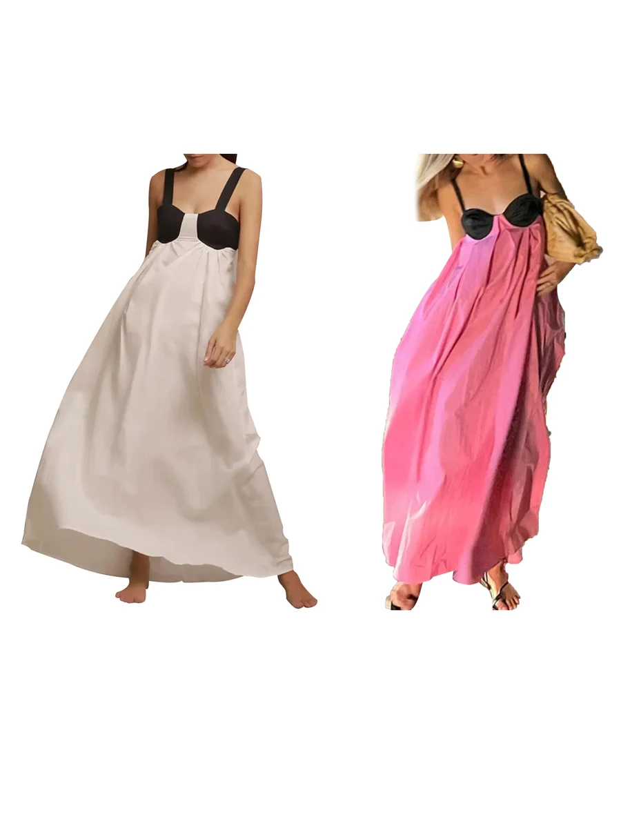 Women's Long Cami Dresses Summer Sleeveless Backless Contrast Color Open Back Loose Fitting Beach Dresses Going Out Dress