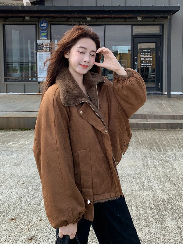 Karmelowa Dwustronna Kurtka Skórzana z Futrem, Wykończona Jagnięcym Futrem, Damska, Jesień Zima 2025, Nowa, Ocieplana, Ciepła Bluzka