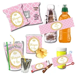 Personalised Gold Glitter Frame Pink Juice Pouch Label Water Bottle Wine Favor Tag Chip Bag Chocolate Bar Sticker Birthday Decor