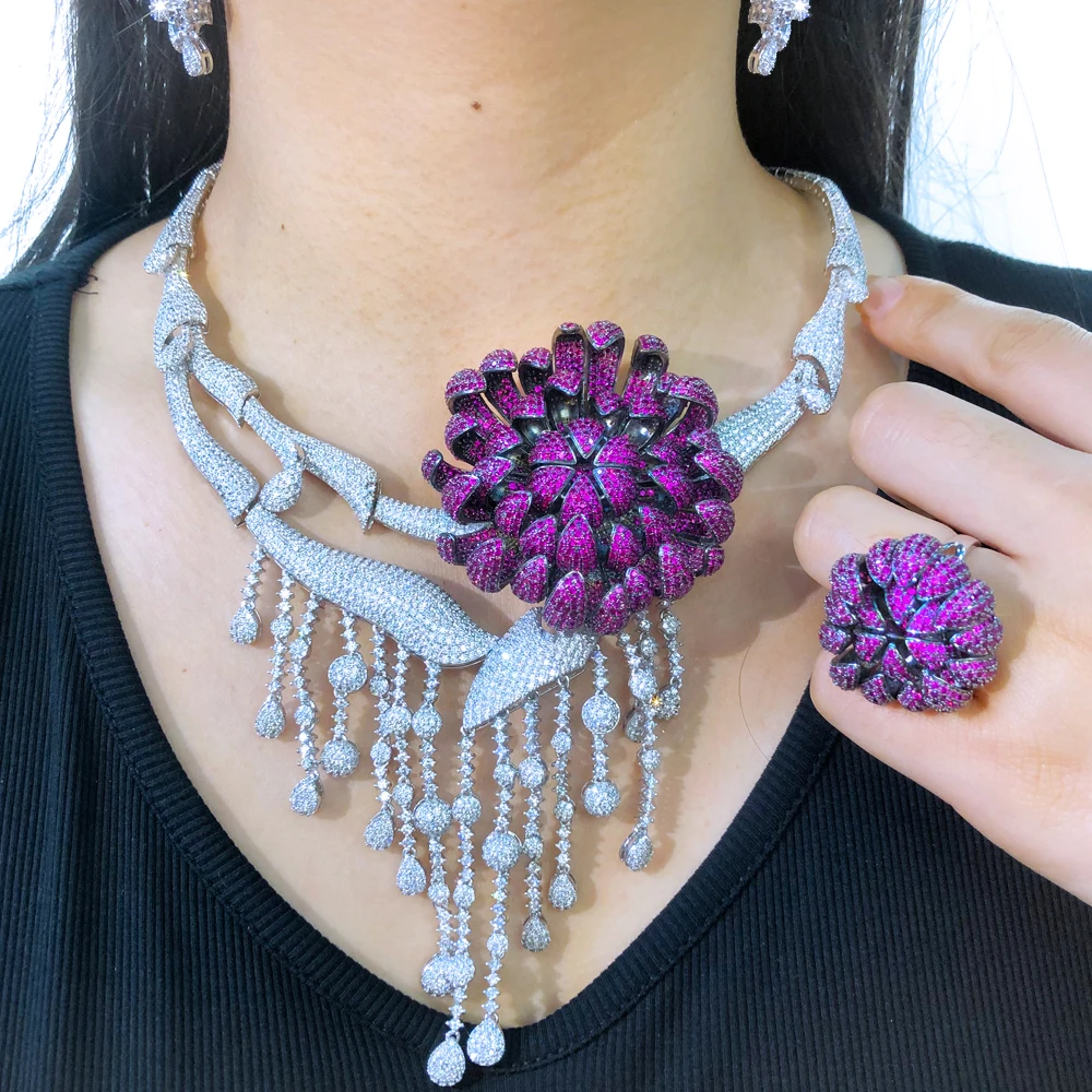 

Missvikki Luxury Big Flower Necklace Bracelet Earrings Ring 4PCS Jewelry Set Women Fashion Brides Wedding Jewellery High Quality