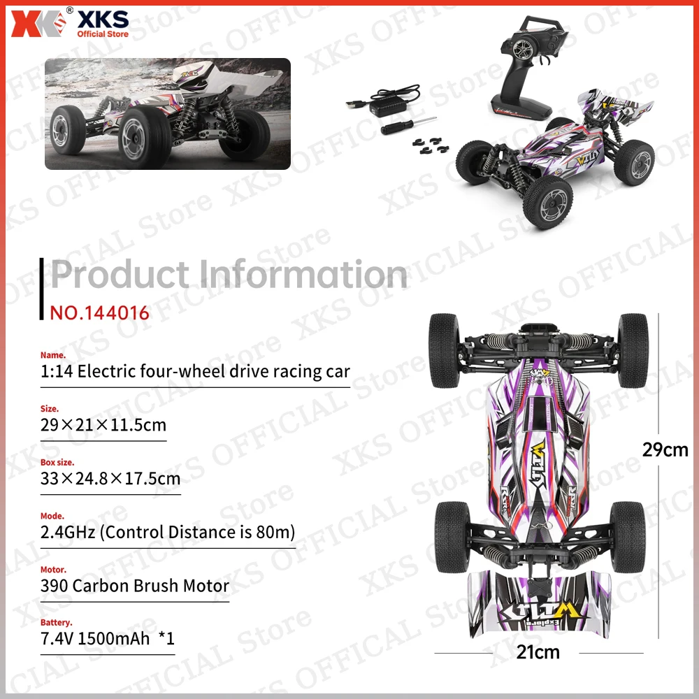 XKS WLtoys 144016 1/14 Scale RC Car 4WD 390 Motor 35KM/H High Speed 2.4G Remote Control Off-Road Drift Racing Toy for Kids