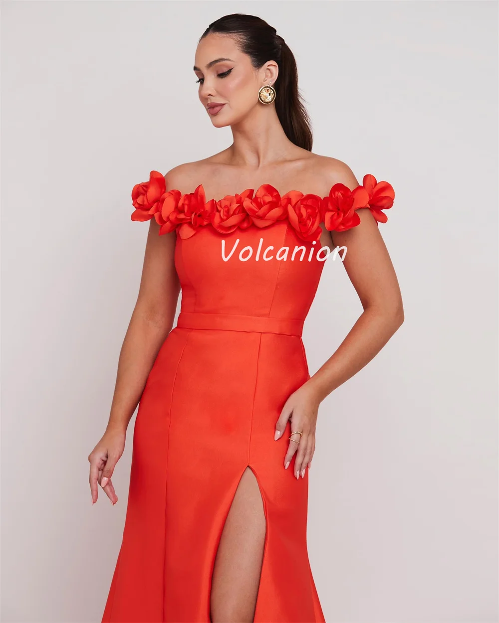 Customized Modern Style Elegant Charmeuse Handmade Flower Ruched Straight Off-the-shoulder Long Dresses Bespoke Occasion Dresses