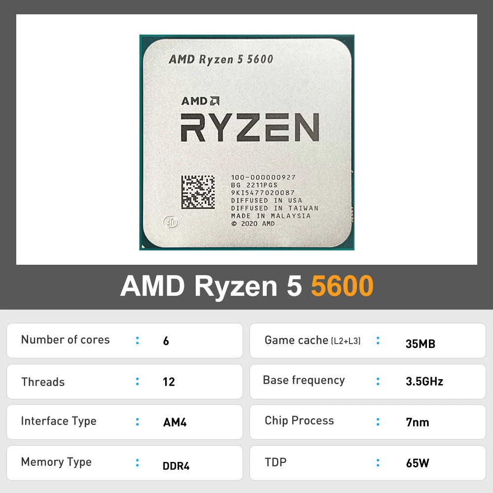 معالج AMD Ryzen 5 5600 R5 5600 6-Core 12-Thread 3.5 جيجا هرتز CPU 5000 Series 7NM L3=32M مقبس AM4 DDR4 جديد ولكن بدون مبرد