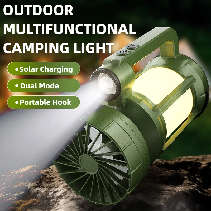 

Portable Camping Lantern with Fan Solar Charging Bright Flashlight 2000mAh Rechargeable Emergency Lamp Summer Outdoor Activities