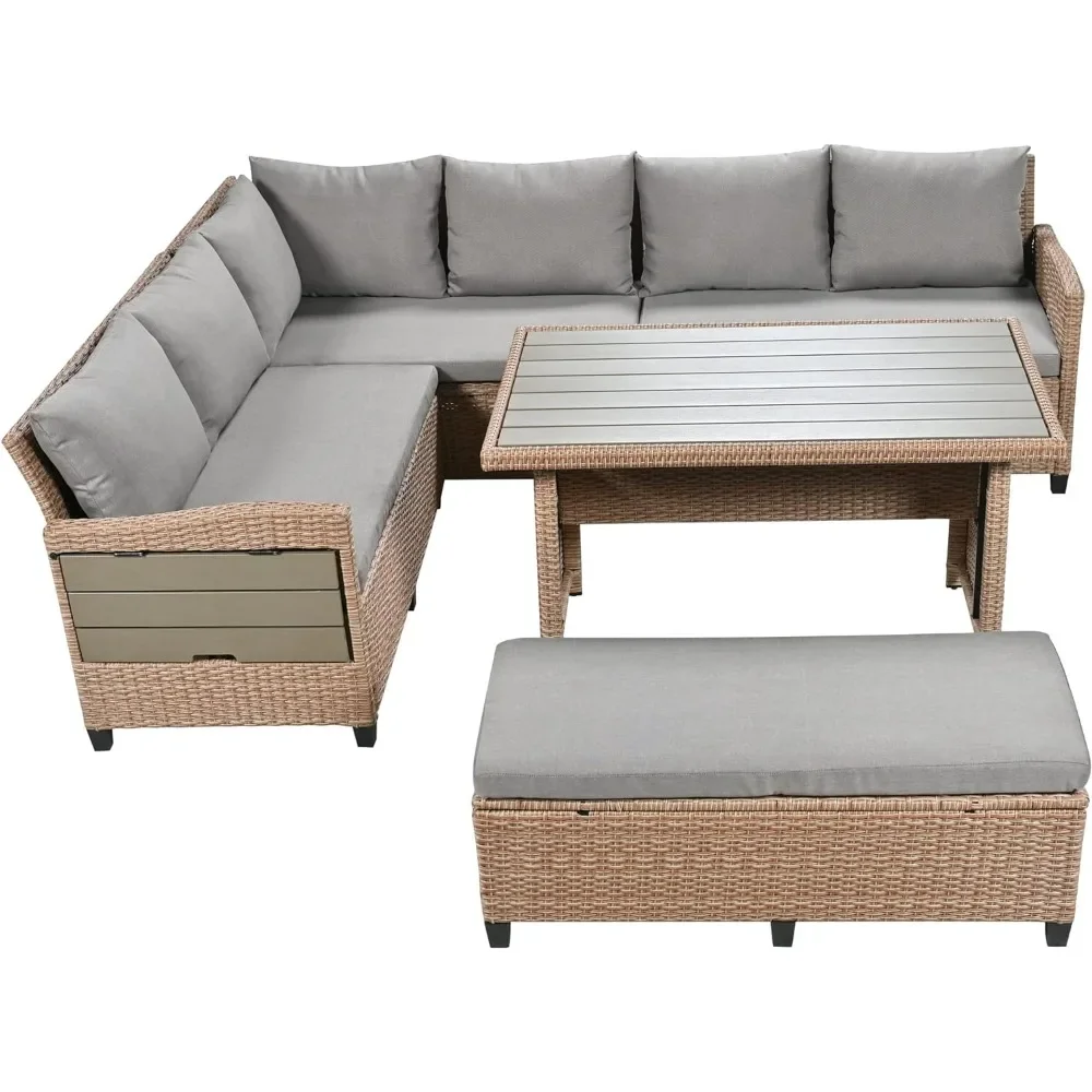 Outdoor Furniture Set with Dining Table and Bench, Rattan Wicker L-Shaped Patio Sectional Sofa Couch w/ 2 Extendable Side Tables