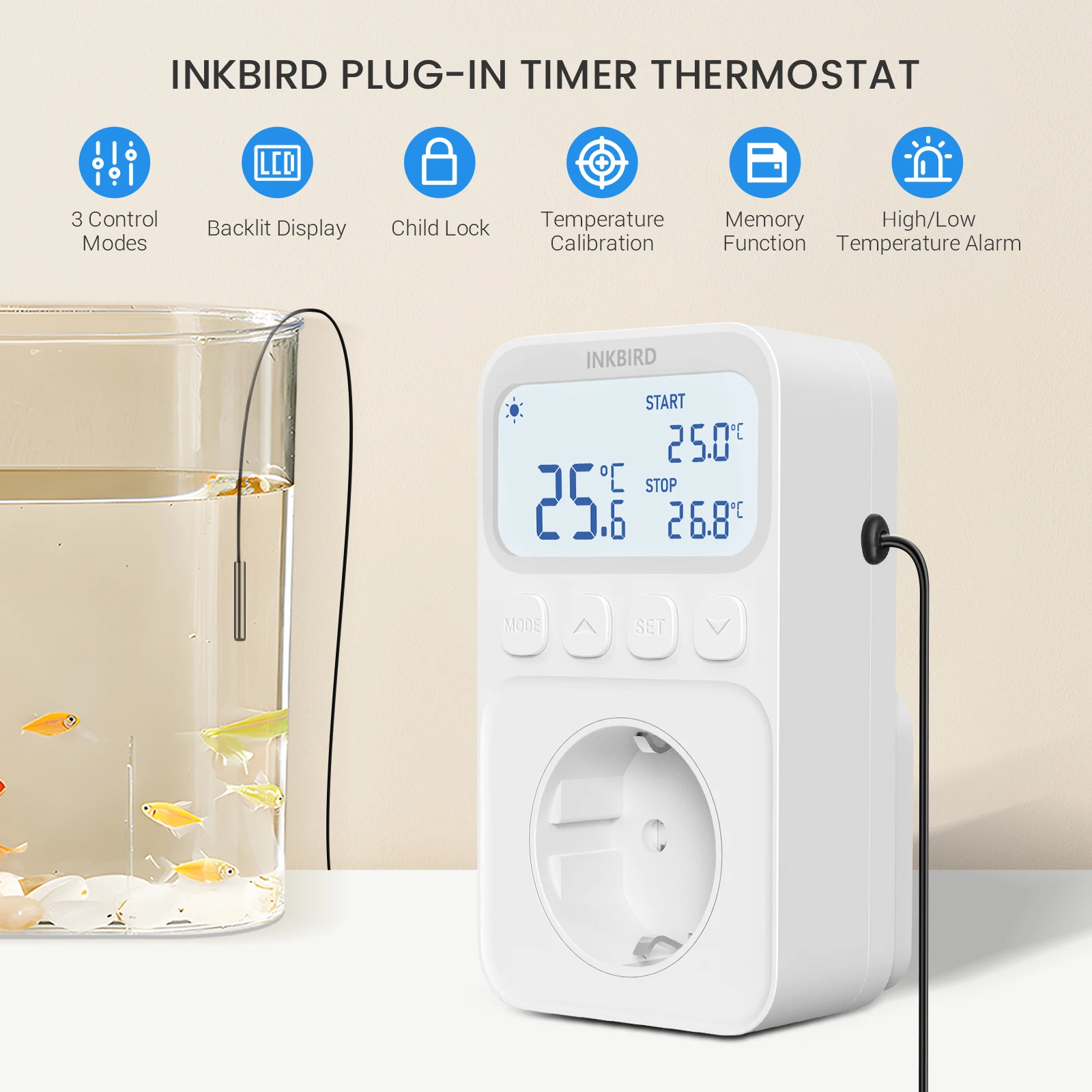 INKBIRD-Régulateur de température C216T, 3 modes de contrôle, chauffage et refroidissement, minuterie enfichable, thermostat pour aquariums, réfrigérateur