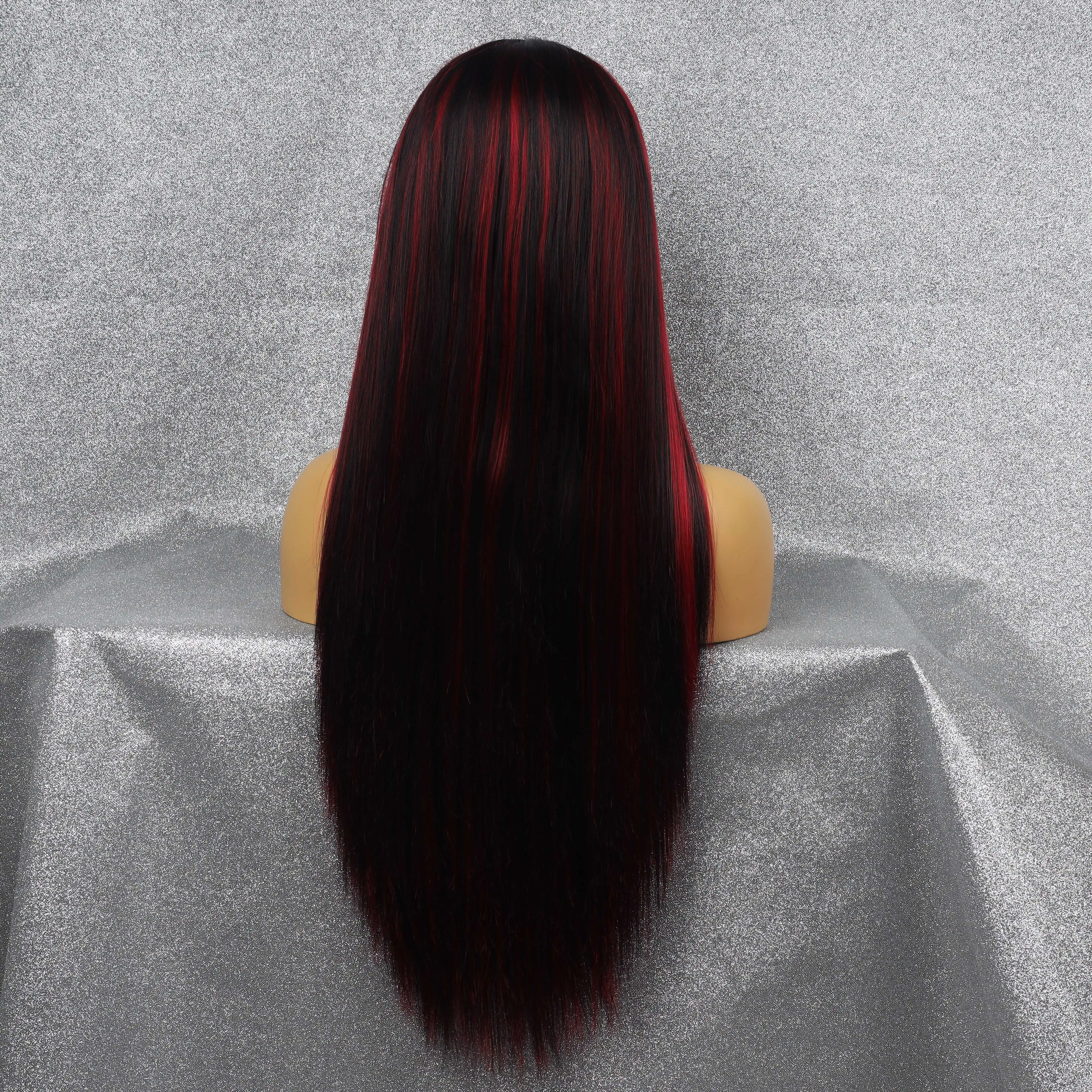 Front Lace Synthetic Black Red Gradient Long Straight Wig Soft Comfortable Breathable Heat Resistant Ball Cosplay Wig