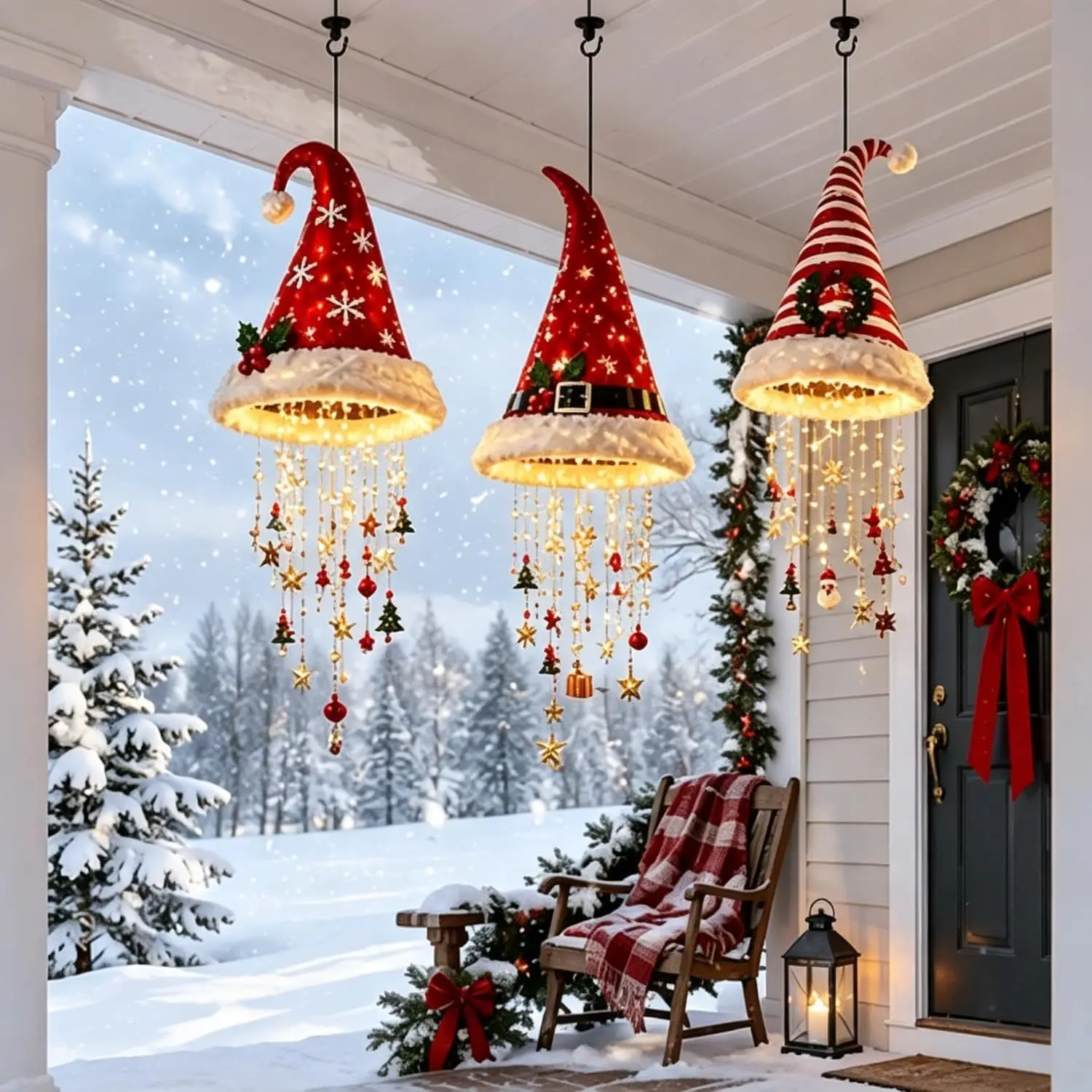 Neue beleuchtete Weihnachtsmann-Mütze, hängender Kronleuchter, 2 Stück, warme LED-Weihnachts-Lichterkette mit festlichen Ornamenten, Weihnachtsbeleuchtung, Dekoration, Geschenke – Detail 4