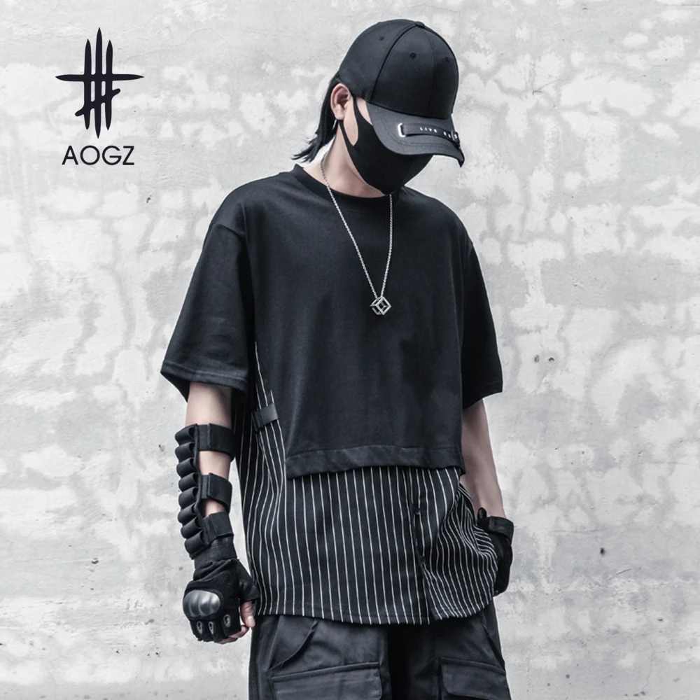 

AOGZ Harajuku Stripe Patchwork Fake Two Short Sleeve Tees Tops Summer Casual T shirt Men Hip Hop Streetwear Clothing Techwear