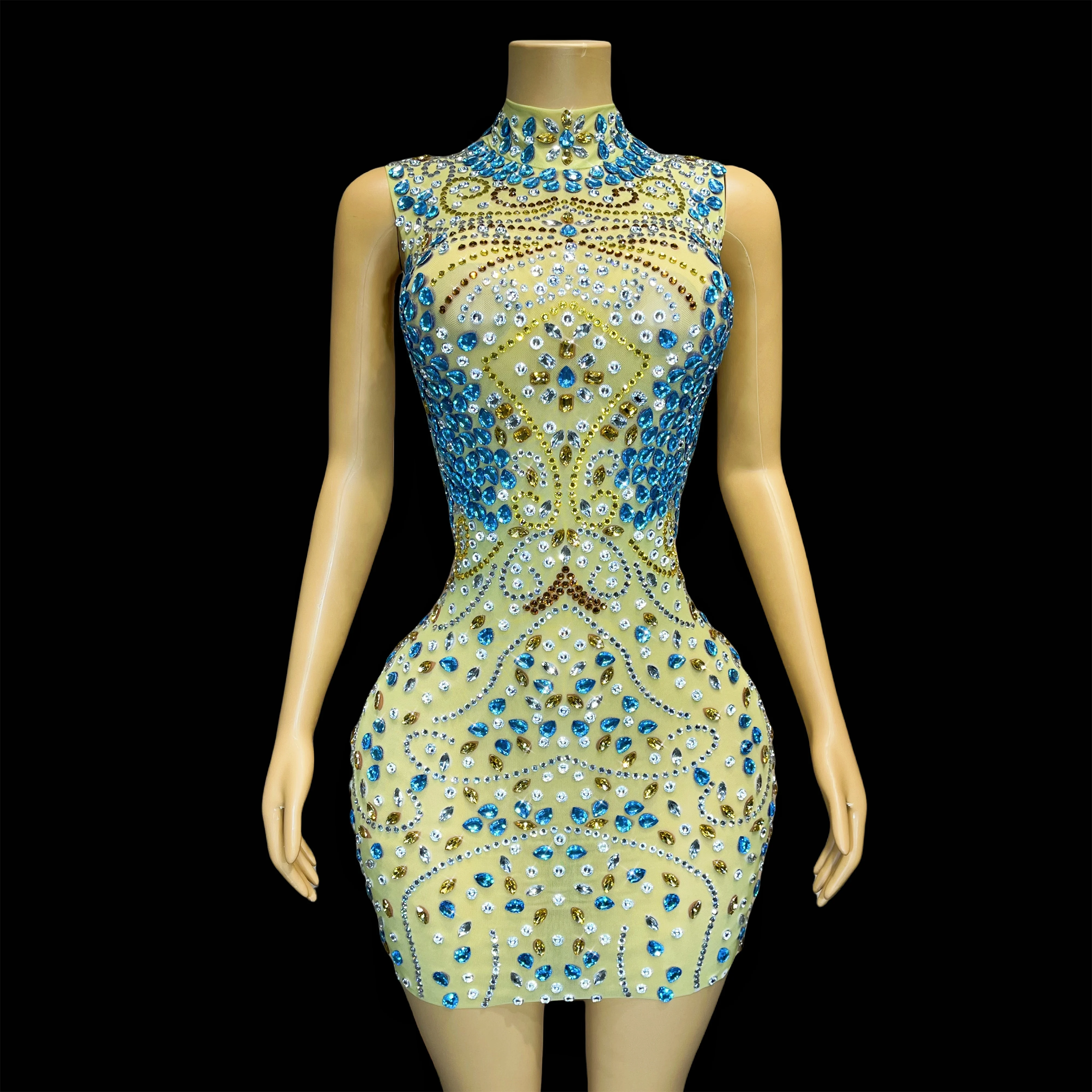 Golden Blue Rhinestone Sleeveless Dress Birthday Celebration Outfit Party Singer Sexy Collection Outfits Fenglai