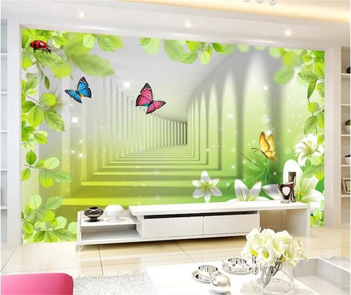 3D TV Backdrop Wall Murals Custom Non-Woven Green Leaf Lily Butterfly Design Photo Realistic 3D Wall Mural Paper for Room Decor