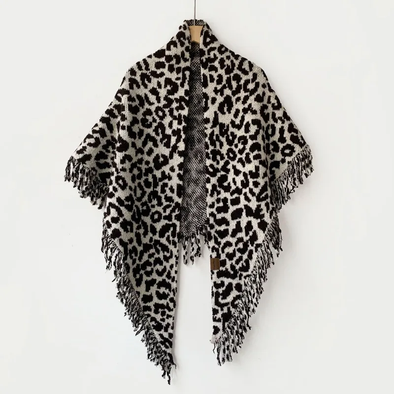 Women Leopard Print Knit Triangle Shawl Tassel Wool Blend Warm Neck Protect Cape Wrap For Autumn Winter