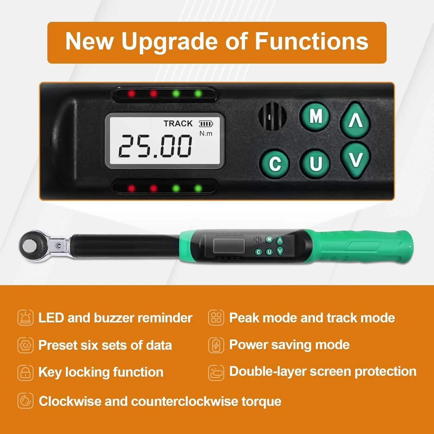 TLF Adjustable Digital Torque Wrench 5-99.6ft.lbs/6.8-135N.m 3/8"  Ratchet Head 5-35mm Jaw Buzzer and LED for Car Moto Repair