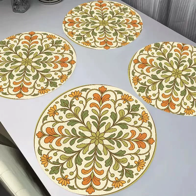 VIKAMA European Retro Wine Red Estate Rose Round Linen Placemats Heat Resistant Wear-Resistant for Dining Table Kitchen Decor