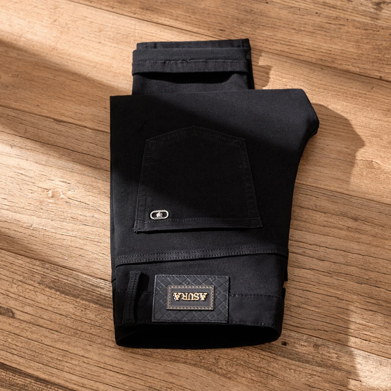 Pure Black Jeans Men's Skinny Versatile Light Luxury Street High-End European Goods Fashion Brand Slim Casual Pants
