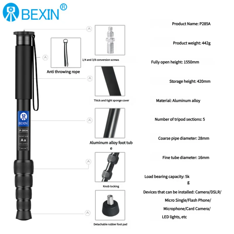 BEXIN P285 Monopod Outdoor Portable Photography Stand for Camera DSLR Mirrorless LED Photography Light Microphone