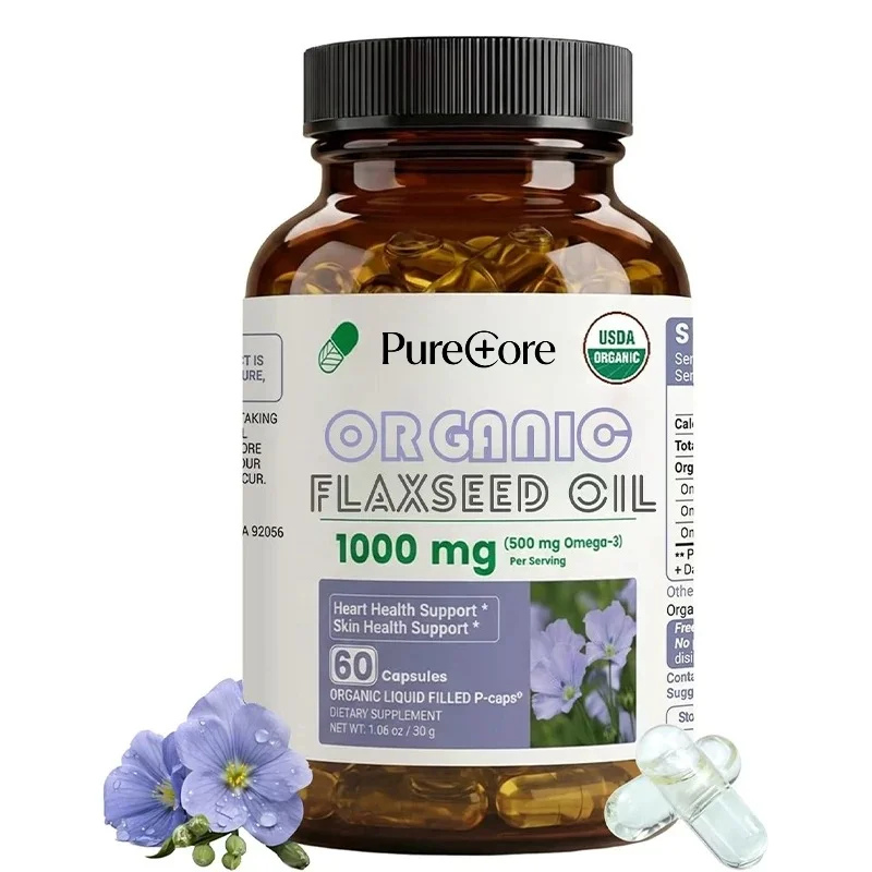 Organic Flaxseed Oil 1000mg, Containing Plant-based Omega-3 ALA Essential Fatty Acids for Heart and Skin, 60 Capsules