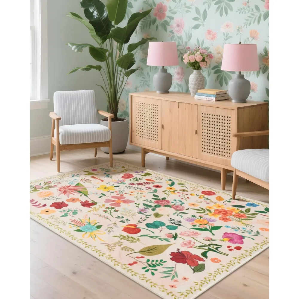 

Моющийся коврик в стиле бохо с цветочным принтом, 4x6 футов, низкий ворс с нескользящей подложкой, подходит для гостиных, спален, офисов, Pl