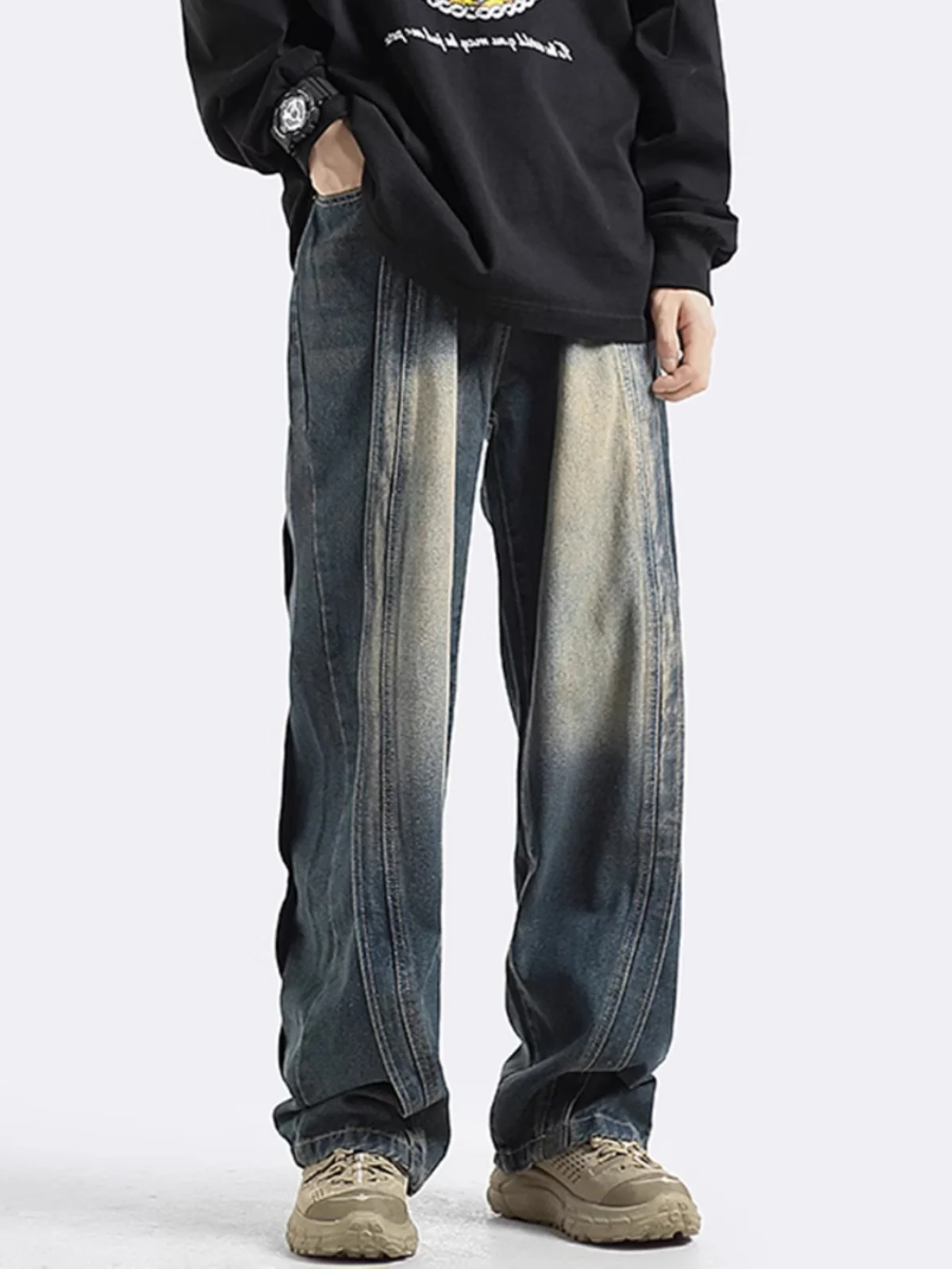 

Мужские джинсы American Sle Heavyweight: прямые, широкие, повседневные, с высокой талией, свободного кроя, с декоративными вставками