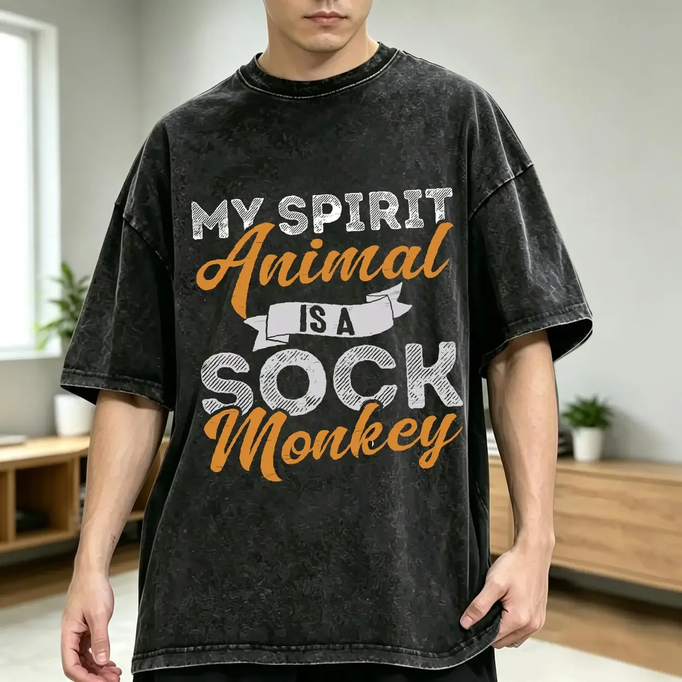 washed T Shirt My Spirit Animal Is A Sock Monkey Funny Mens  Cotton Black vintage Washed Soft fashion Casual Stylish Stretched