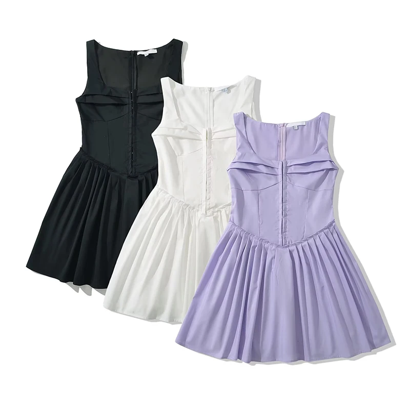 

Elegant Women Solid Square Neck Hem Pleated Mini Dresses Holiday Party Summer Dress Female Beautiful Robe Purple Black White