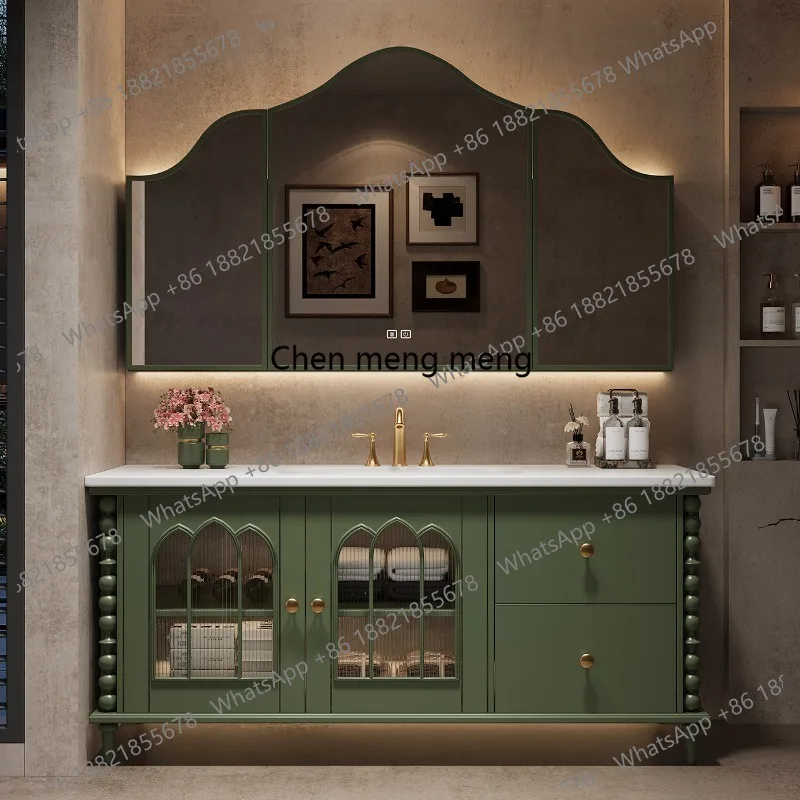 French retro oak bathroom cabinet combination floor-to-ceiling vanity sink customization