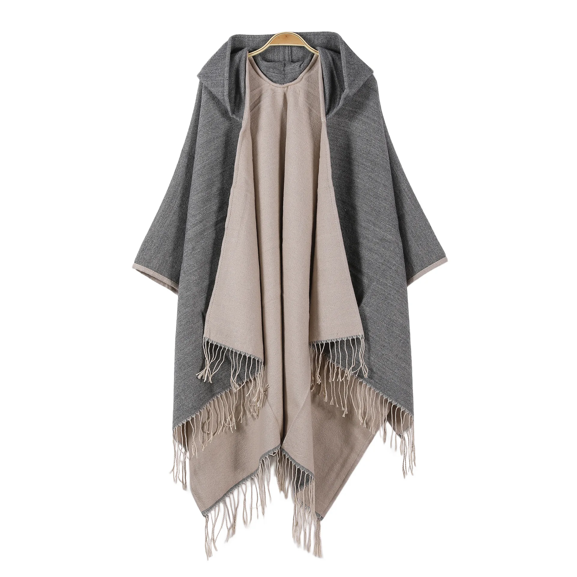 New Autumn Winter Thickened Warm Double-sided Tassel Simulation Cashmere Split Shoulder Shawl Cowl Neck Outerwear for Women