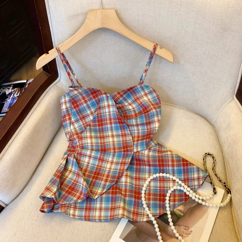 Sweet Contrasting Colors French Small Fresh Retro Plaid Tube Top Sling Vest Top Women's 2026 Spring and Summer New Waist Shirt