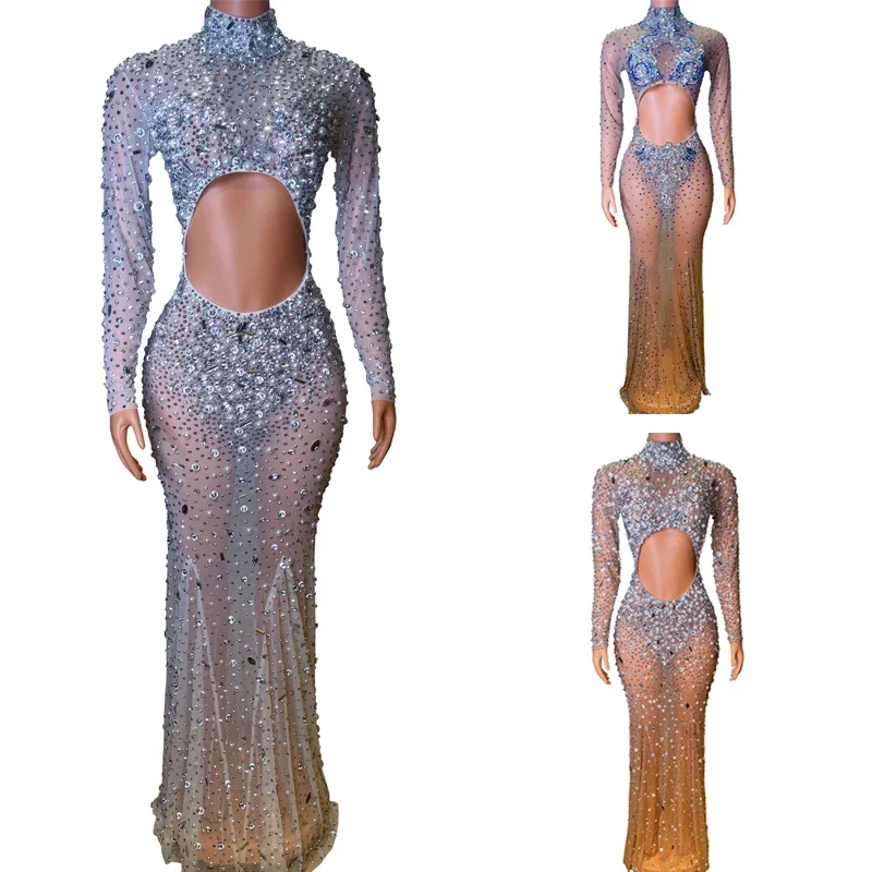 ชุดเดรสผู้หญิงประดับเพชรเต็มตัว ดีไซน์เซ็กซี่ ผ้าตาข่ายโปร่ง ชุดนักร้องหญิง ชุดแสดงบนเวที ชุดเทศกาล รุ่น XS6721