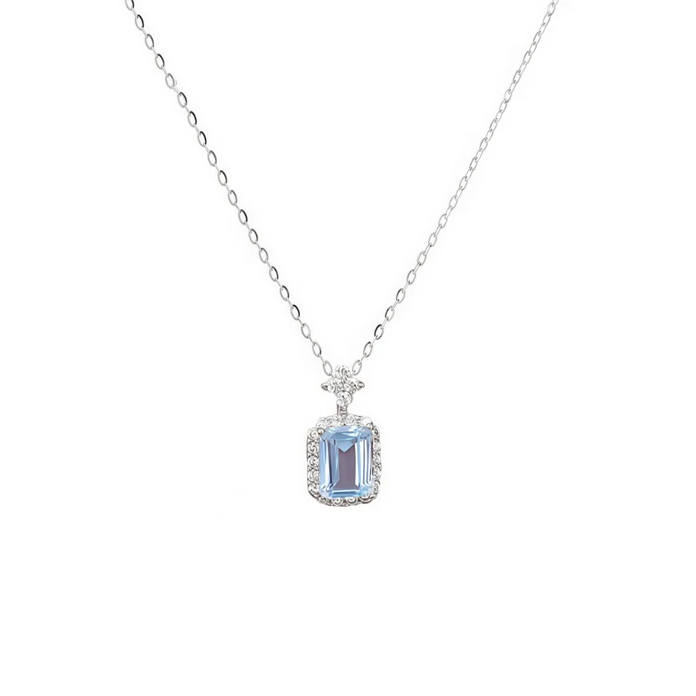 Modische blaue Kristall-Quadrat-Anhänger-Halskette, trendige Imitations-Edelstein-Halskette für Frauen, einfacher Partyschmuck und Accessoires. – Detail 5