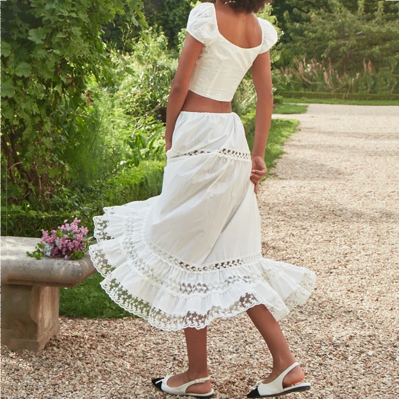 2024 Holiday White Spliced Lace Elastic Waist Ankle Length Long Skirt Women Ruched Swing A-lined Skirts Boho