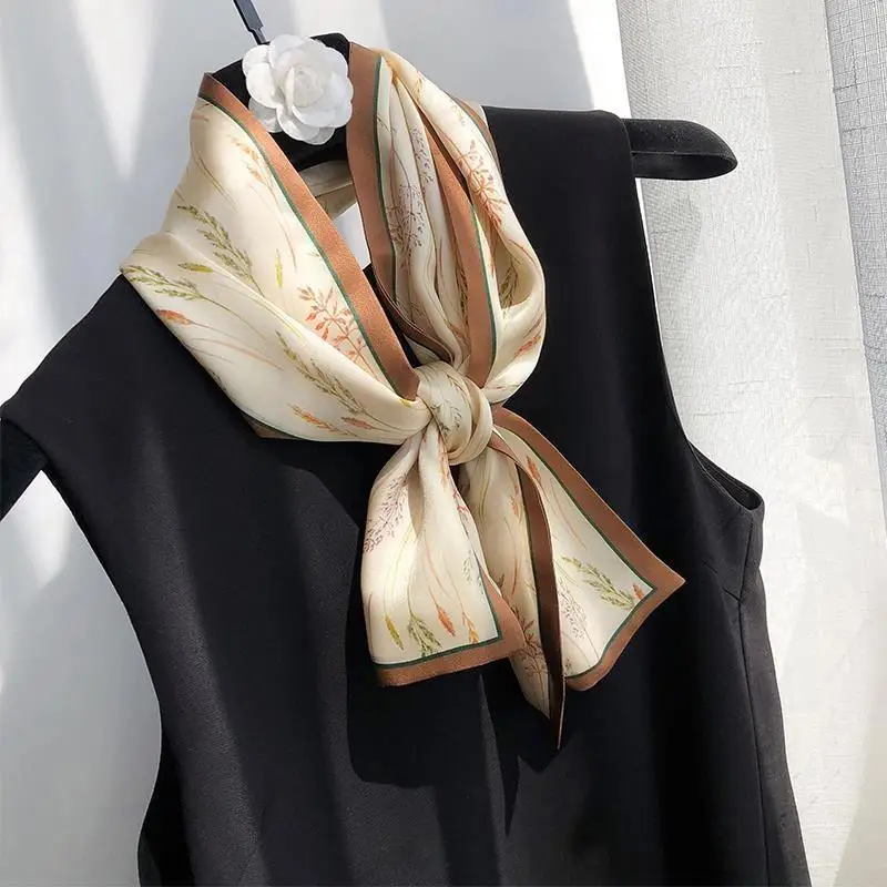 New Elegant Wheat Print Silk Scarf Women Neck Scarves Hijab Sunscreen Bag Decoration Ribbon 4