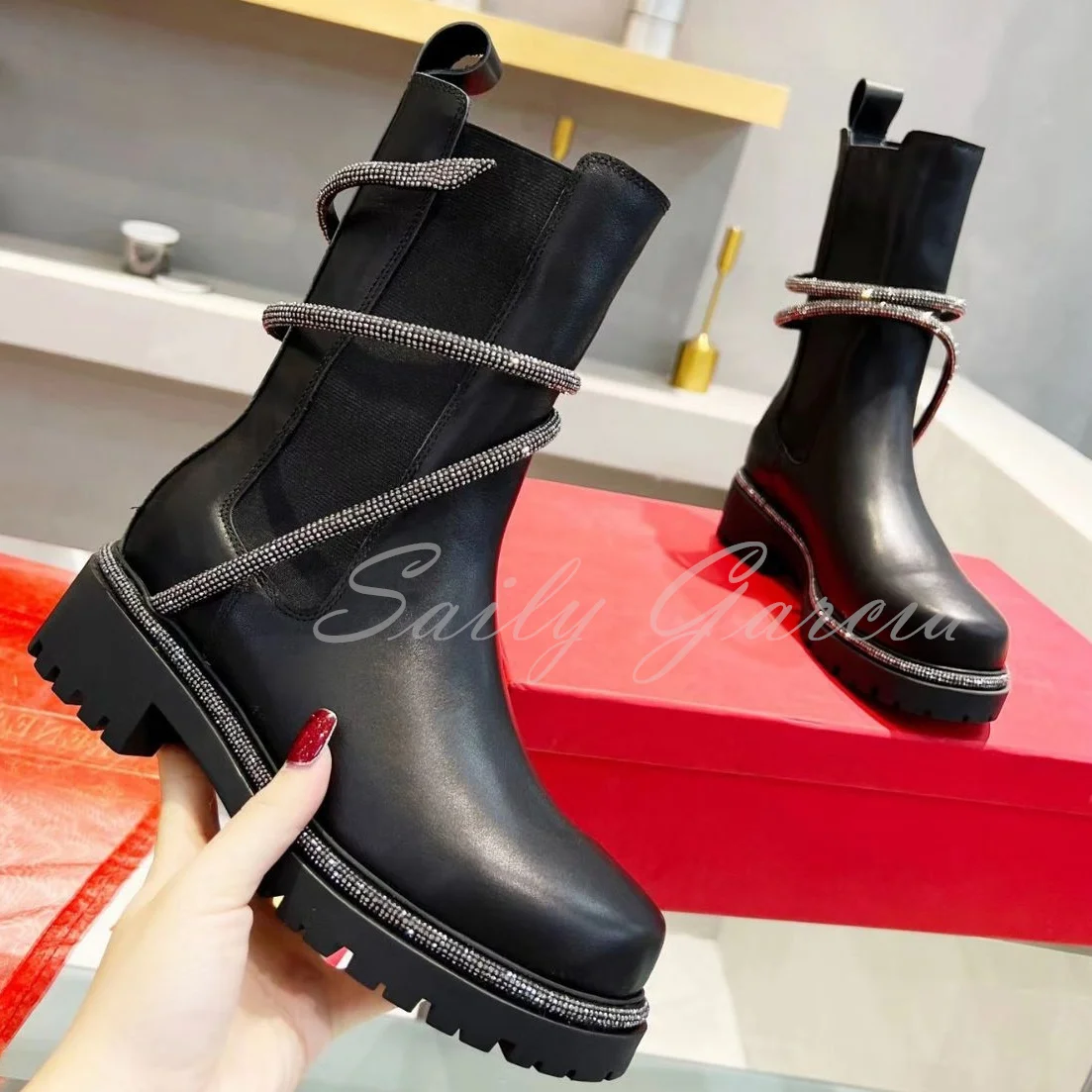 

Black Round Toe Thick Sole Boots Women S-shaped Crystal Decorative Square Heel Casual Ankle Straps Wrap Around The Ankle Boots