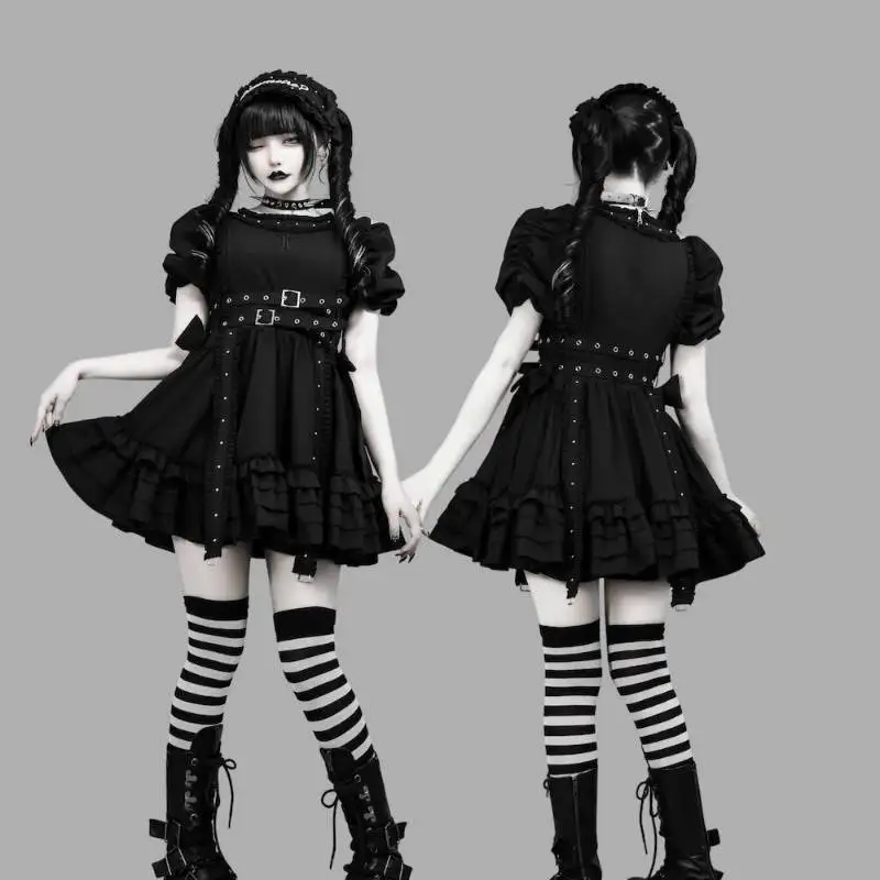 Gothic Lolita Dress Women Puff Sleeve Cross Pattern Ruffle Tiered Dress Black White Contrast Cosplay Mini Dress