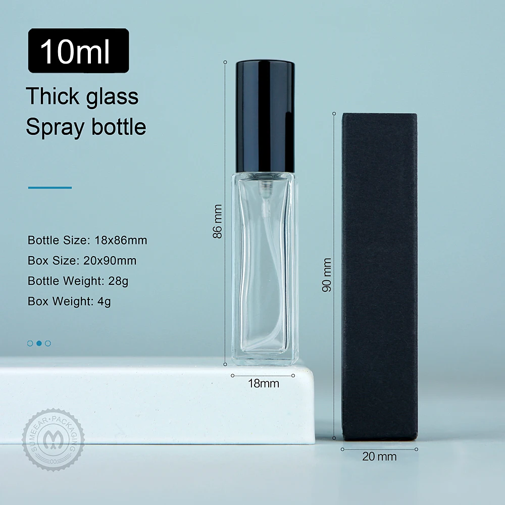 50Pcs/Lot 10ml Thick Glass Perfume Spray Bottle With Perfume Paper Box High Quality Refillable Square Atomizer Parfum Bottles