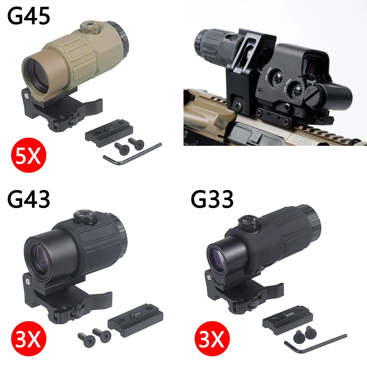 Tactical G33 G43 G45 Sight Fixed 3X 5X Magnifier Scope With Switch Quick Detachable QD Mount Airsoft 551 558 Scope Unit Mount