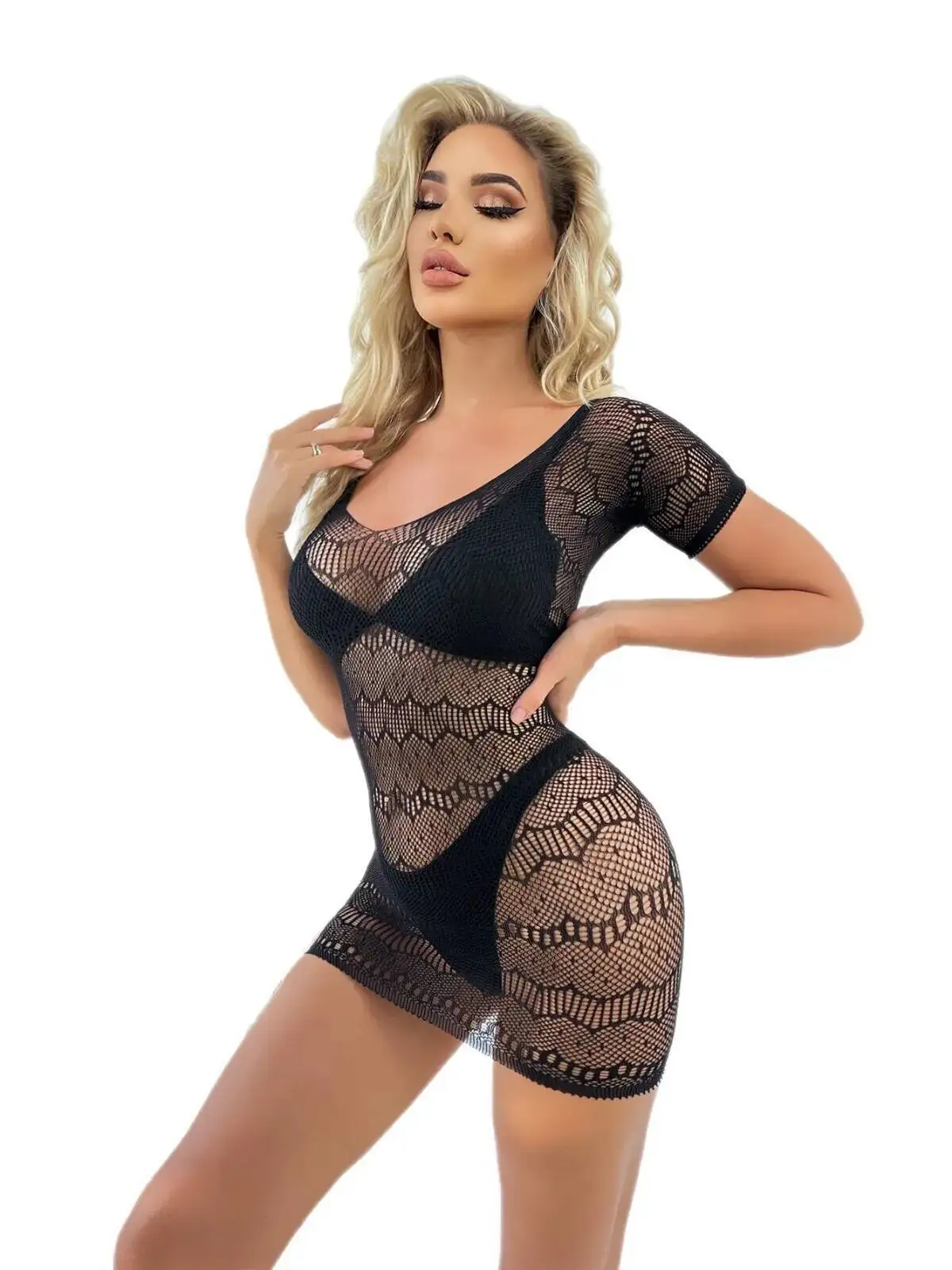 속이 빈 레이스 드레스 섹시한 여성 유니폼 드레스 하이 엔드 섹시한 바디콘 드레스 반팔 투명 드레스 순수한 욕망 FFSZ