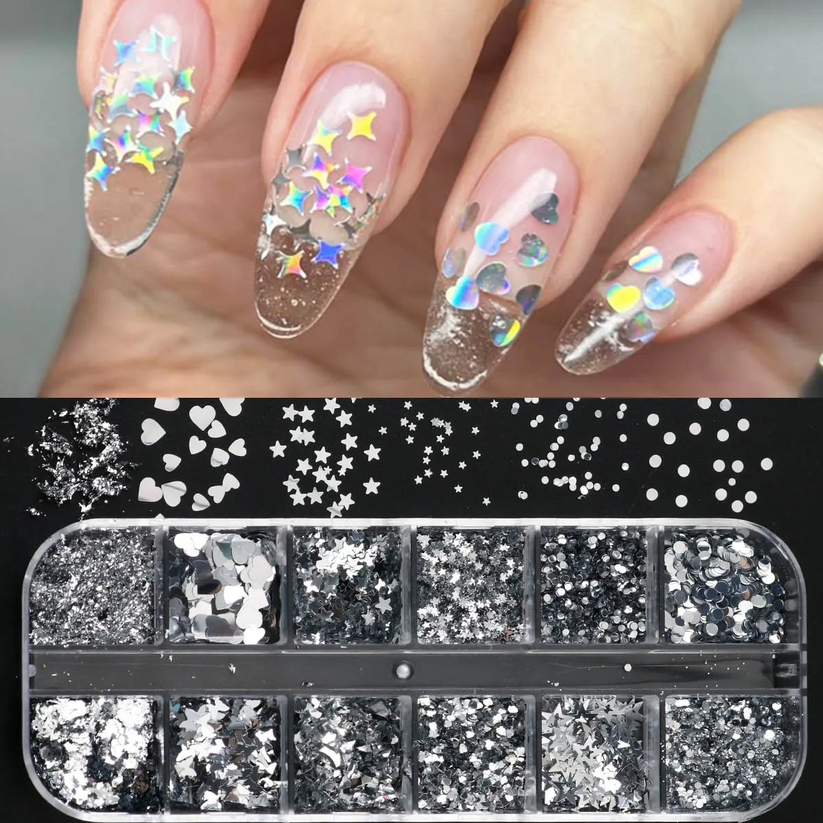 12 Grids Mini Ultra Thin Star Hearts Circular Butterflies Sequin Y2K Shiny Silvery Iridescent Star Flakes Christmas Decorations