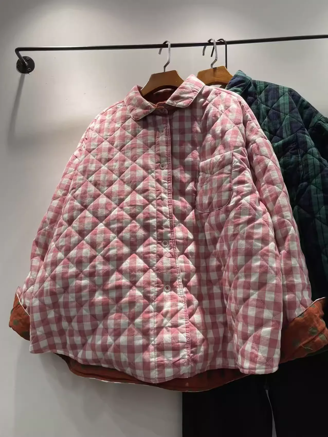 Bust 130cm plus size women clothing Japanese style cotton padded women's plaid jacket warm checkered shirt jacket outwear