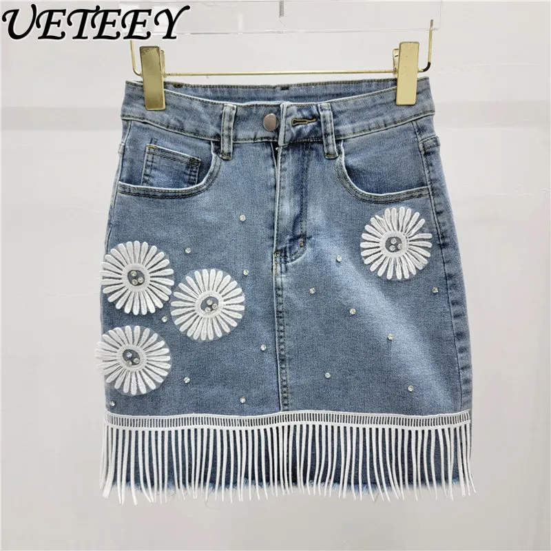 2024 New Summer Skirts Women Luxury Heavy Industry Beaded Rhinestone Three-Dimensional Lace Flower Denim Elastic Hip Mini Skirt