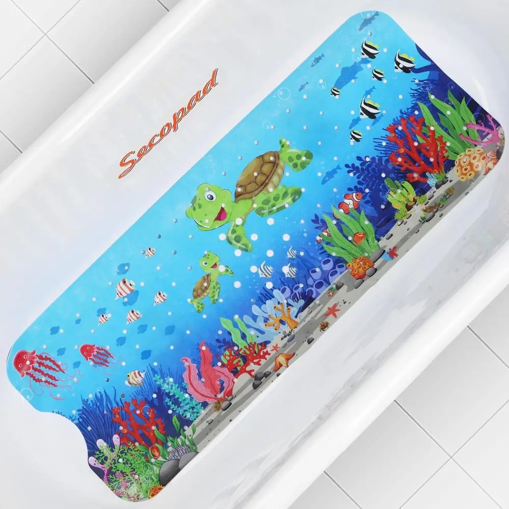 

Anti-Slip Washable Cartoon Bathtub Mat for Kids with Drain Holes and Suction Cups, 40x16 Inches - Turtles Design