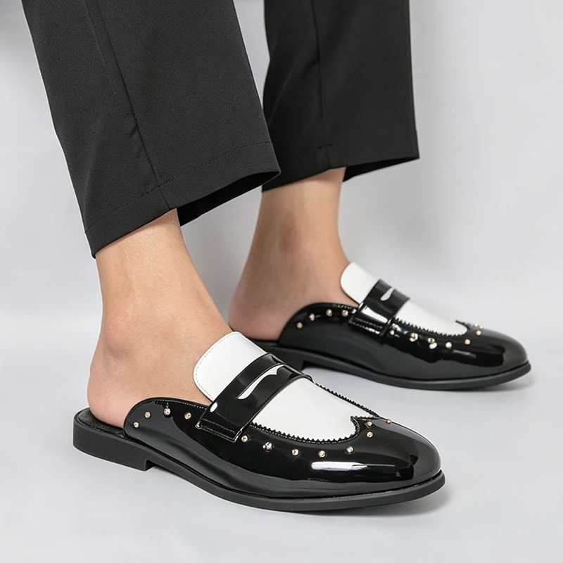 Designer Men Women Penny Loafers Slip-On Business Slippers Mules Dress Shoes for Gentleman Patchwork Formal Glossy Half Shoes