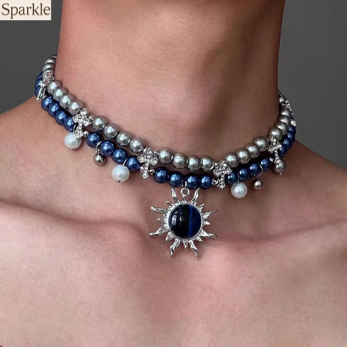 

Blue Double-layer Pearl Choker Necklace Fiery Sun Zircon Cross Pendant Beaded Neck Chain Edgy Statement Jewelry for Men Women