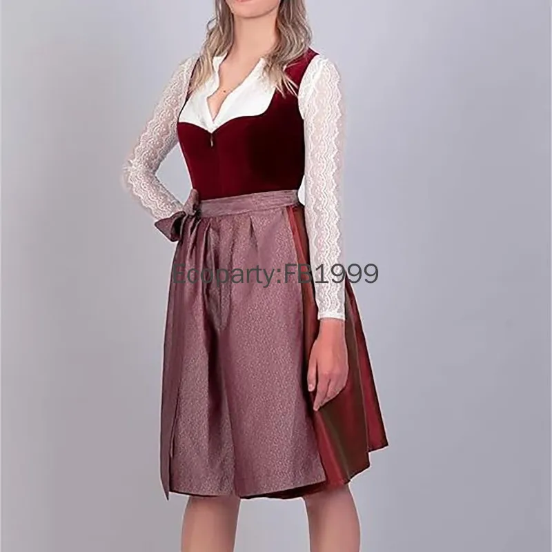 Vrouwen Duits Bier Meisjes Cosplay Kostuum Bavarian Oktoberfest Rood Fluwelen Dirndl Jurk Met Schort Festival Carnaval Feest Outfits