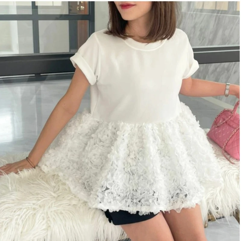 2024 New Summer Short Sleeve Patchwork Petal T-shirt Women Fashion Sweet Japanese Style O-Neck T Shirts Female Casual Tees Tops