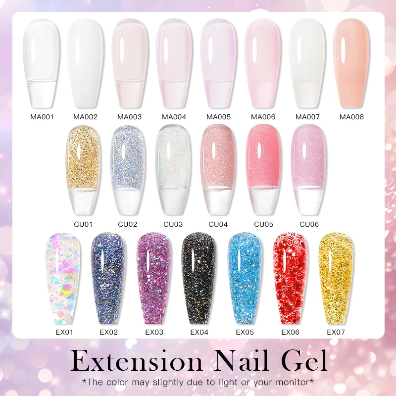 MEET ACROSS 20ml Quick Extension Gel Nail Polish Clear Sparkly Nail Art Semi Permanent UV Builder Gel Varnish Nail Supplies