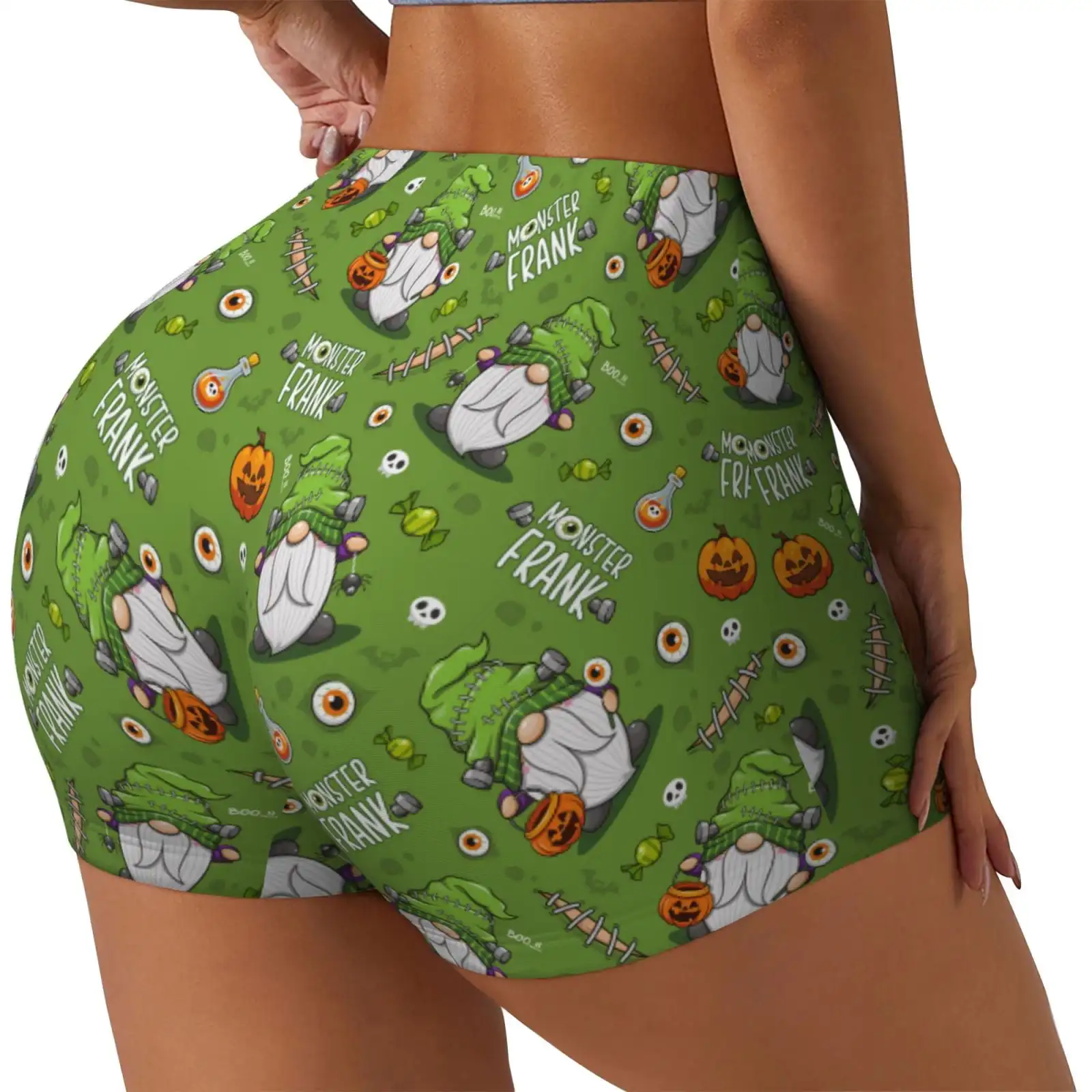 Green Halloween Monster Gnome Print Workout Shorts for Women Seamless Soft Smooth Gym Yoga Scrunch Active Shorts
